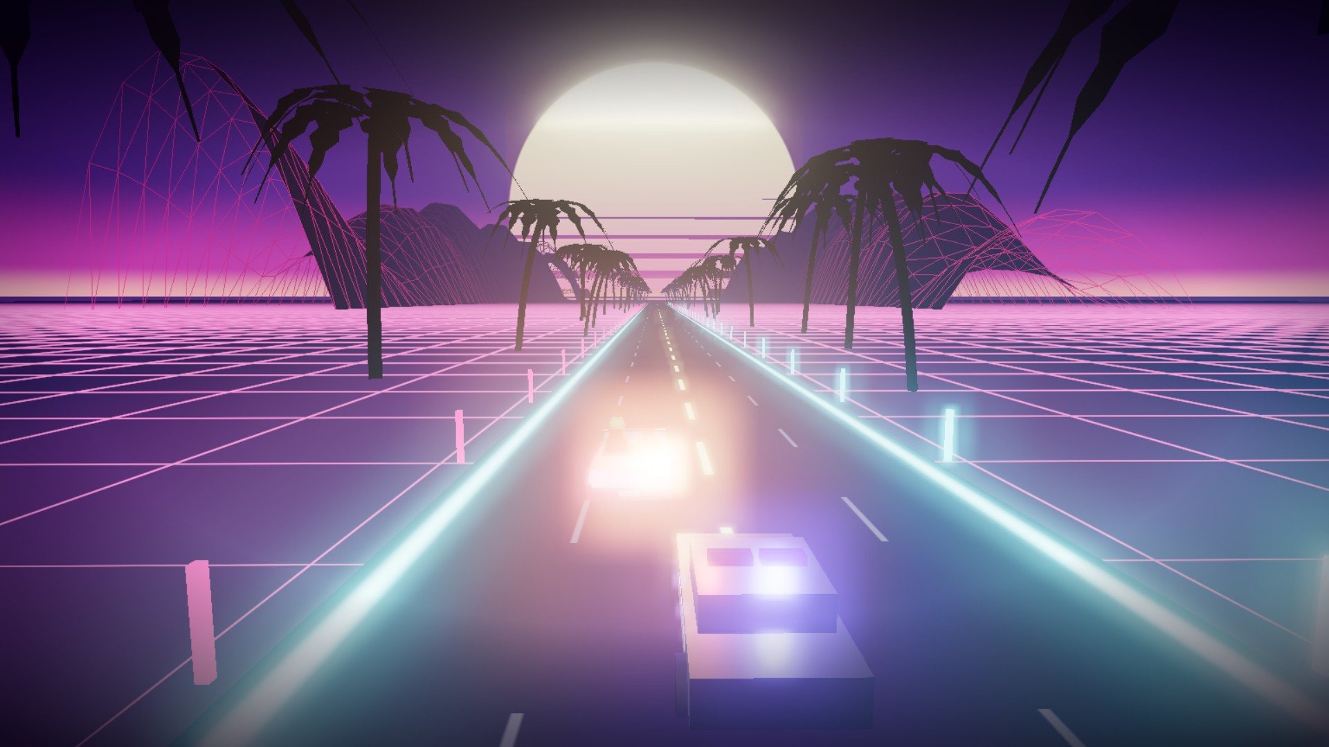 Getaway: Gus's pink convertible on the sunset highway with a cruiser behind