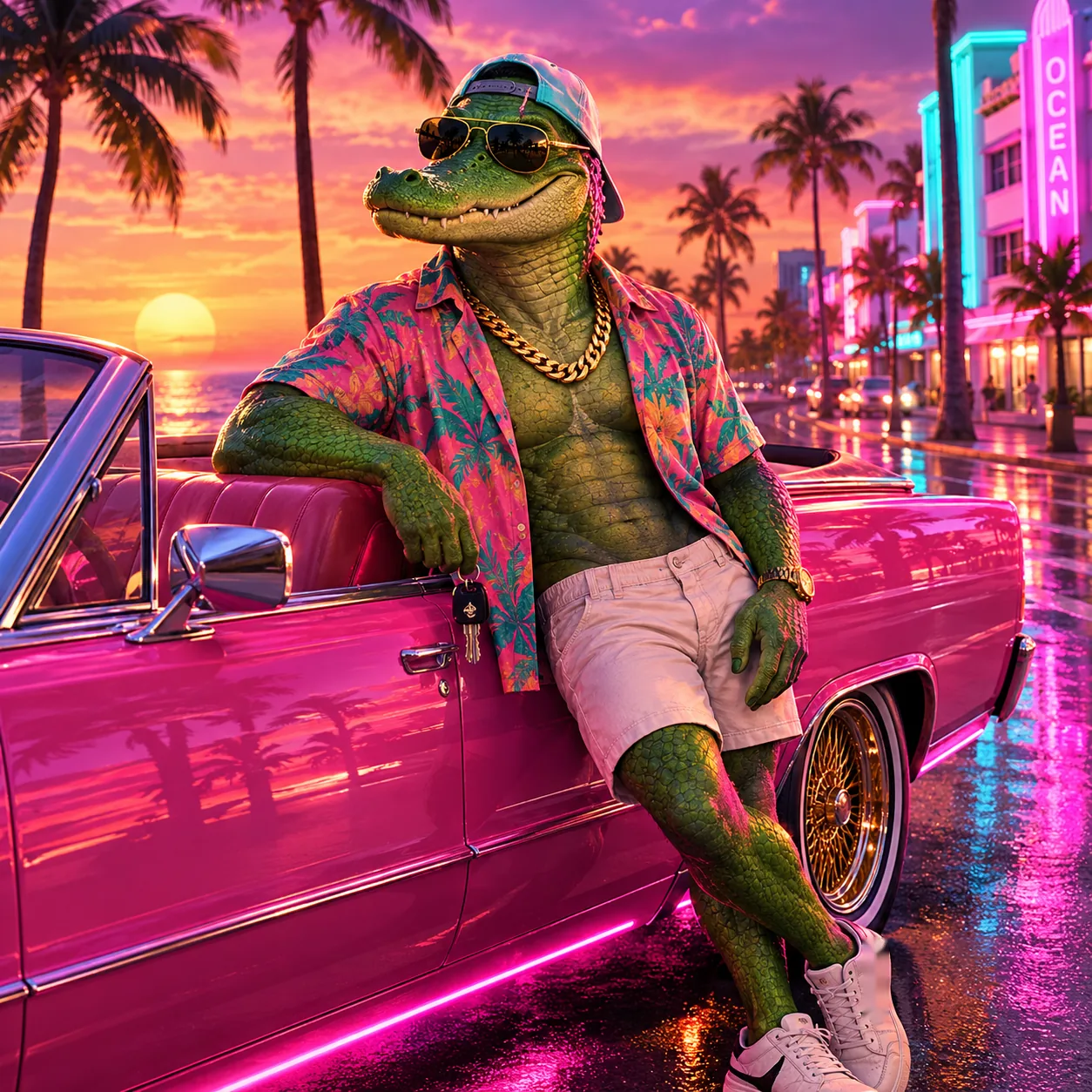 Gus, a gator in gold aviators and a tropical shirt, leaning on his pink convertible